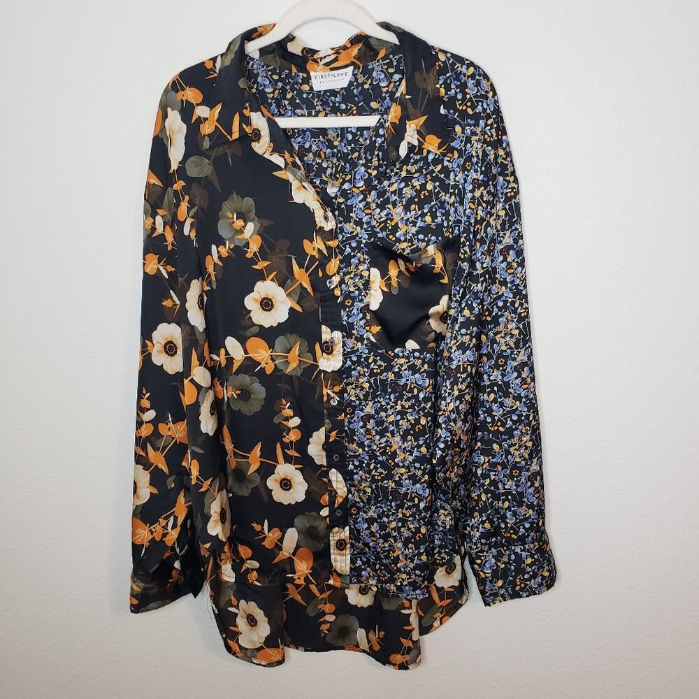 First Love Women's Sz 3x Oversized Mixed Media Print Satin Button Front Blouse